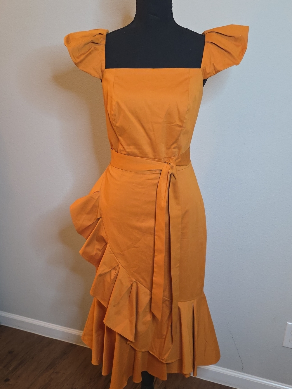 ANTONIO MELANI Mustard-Orange Ruffle Midi Dress with Puff Cap Sleeves